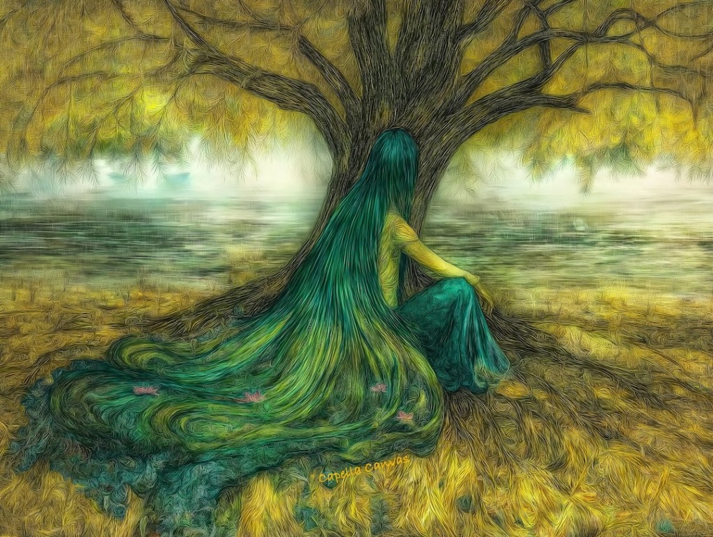 A fantasy artwork depicting a mystical figure with long, flowing green hair that blends seamlessly with the natural surroundings. The figure is sitting beneath a large, ancient tree by the water's edge, with a serene and contemplative expression, evoking a deep connection with nature.