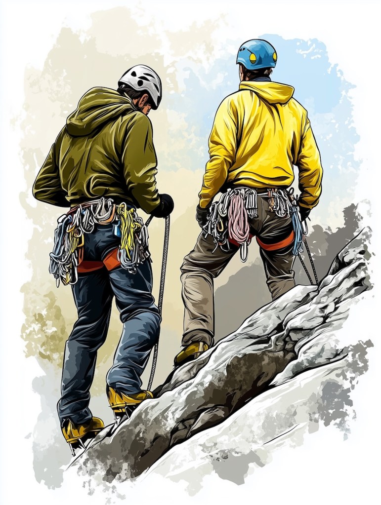 Two mountain climbers inspecting their gear