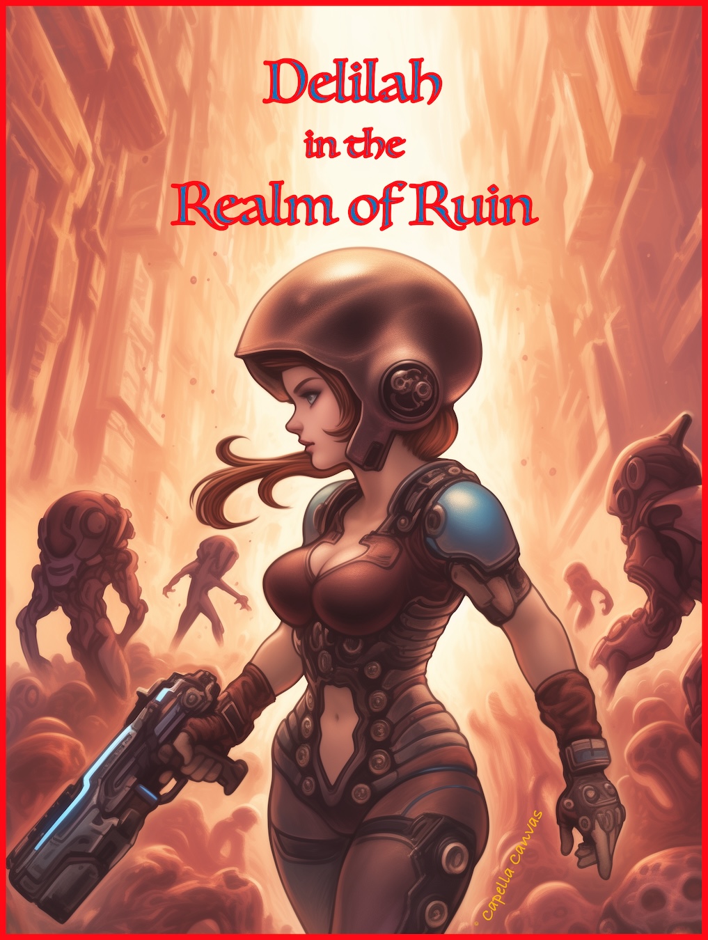 A fierce and beautiful woman in a futuristic, dystopian landscape, walking with determination through a dangerous, ruinous environment. The character is depicted in a form-fitting, armored suit, holding a high-tech weapon, with an expression of focus and resolve. The background showcases a chaotic, orange-tinted scene with menacing robotic figures lurking in the ruins. The title “Delilah in the Realm of Ruin” is superimposed near the top of the image.