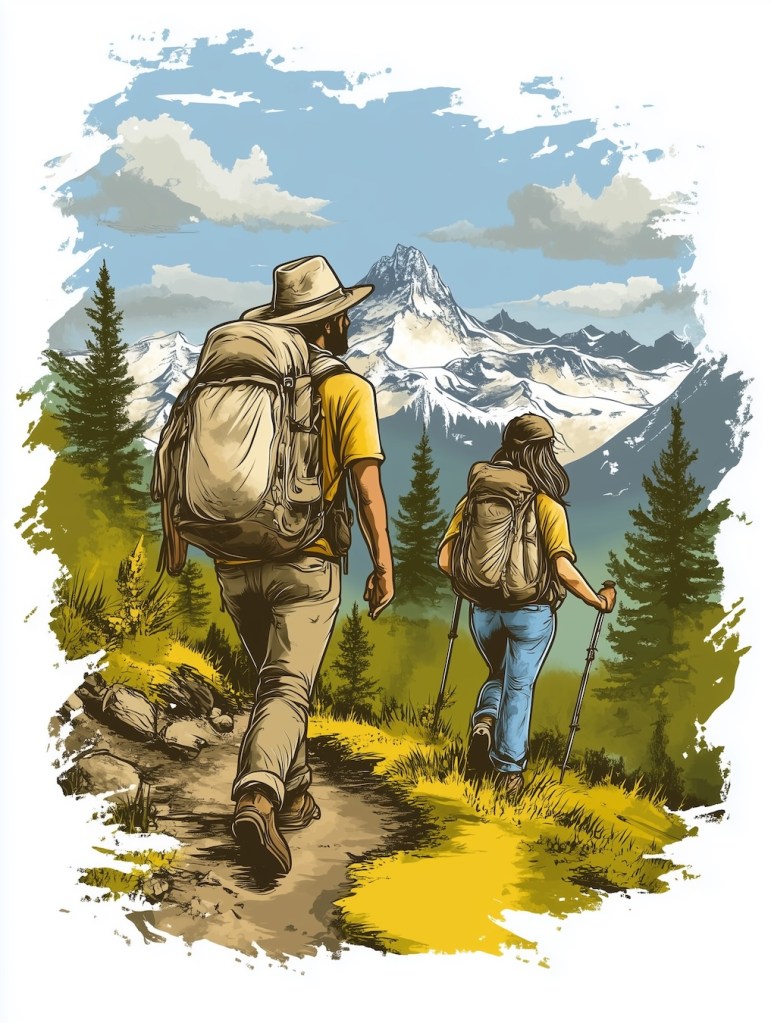 Two backpackers hiking along a forest trail with a snowy mountain in the distance