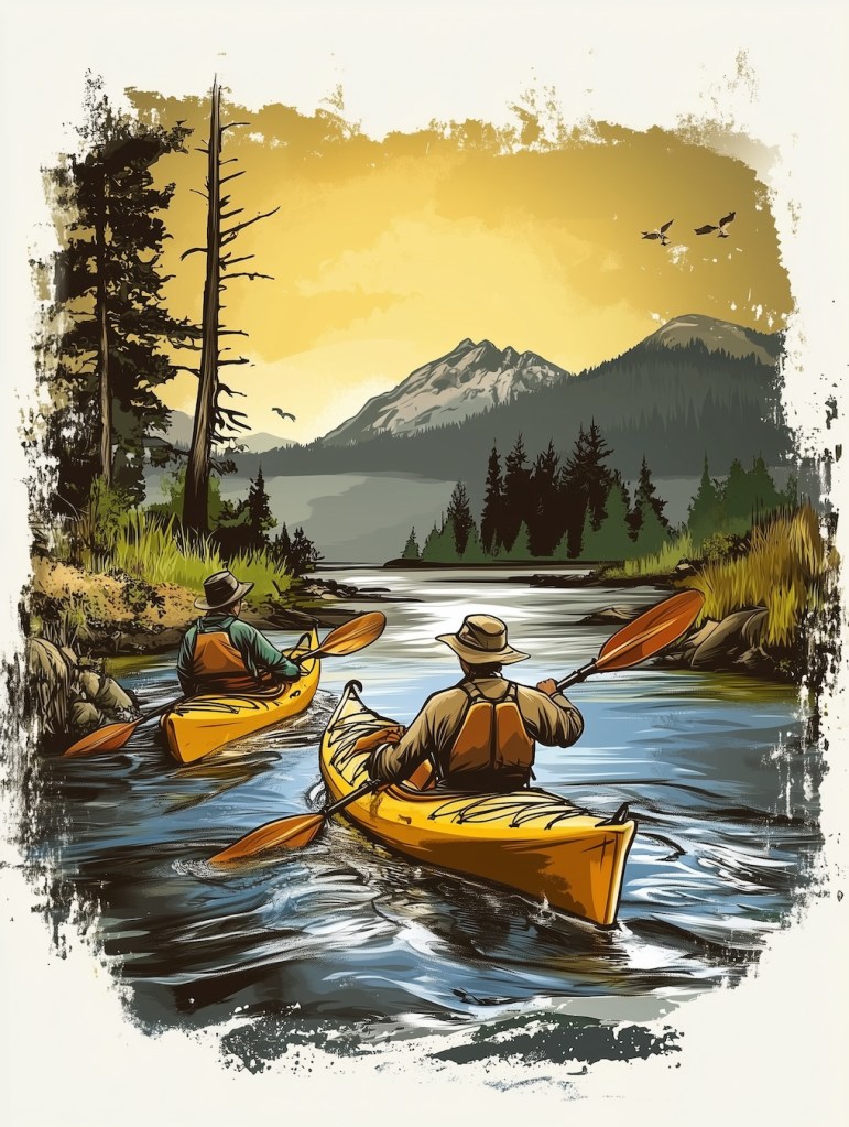 Two sea kayakers navigating a narrow waterway with forested mountains in the distance