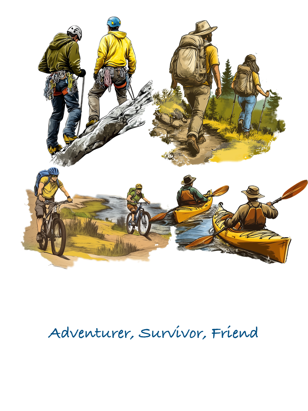 Arrangement of four images depicting outdoor activities and the motto "Adventurer, Survivor, Friend"