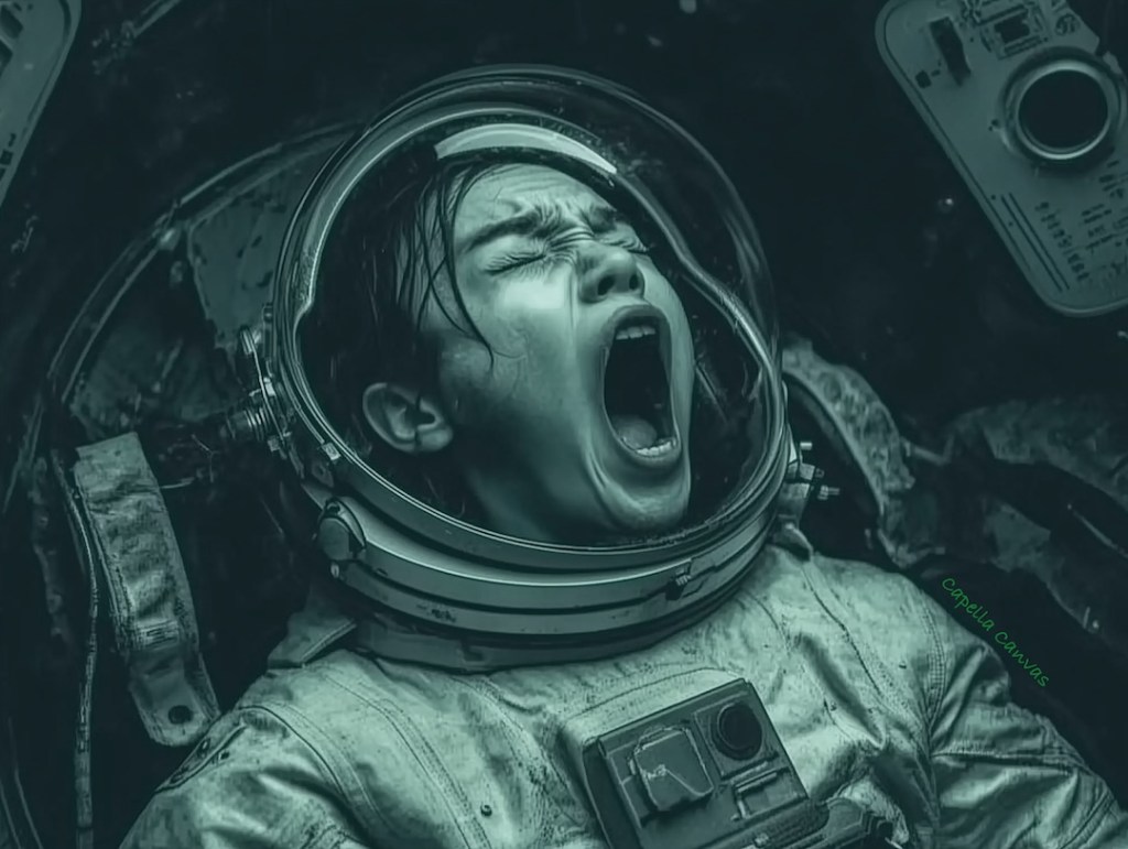 A terrified astronaut, wide-eyed and screaming, struggles within the confines of a damaged spacesuit, stranded in the wreckage of a capsule deep in space. The eerie greenish hue emphasizes isolation and fear, capturing a moment of pure horror as if this breath might be their last.