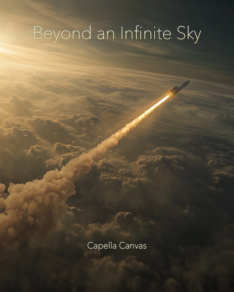 A sleek rocket ascends through dense clouds, leaving a bright trail of flame and smoke against a dark, expansive sky. Sunlight filters through the clouds, illuminating the scene with a warm, golden glow, contrasting with the vast, shadowy heights above. The rocket seems to pierce the heavens, embodying humanity’s ambition to reach beyond the confines of Earth and into the unknown.