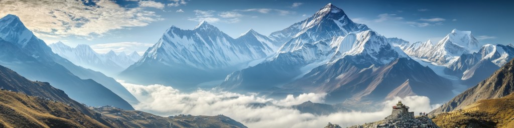 A serene, high-altitude mountain landscape reminiscent of the Himalayas, with towering snow-covered peaks under a clear blue sky, wisps of clouds settling in the valley below, and a small, solitary temple or monastery perched on a ridge in the lower right corner. The view suggests peaceful isolation, majesty, and timeless tranquility.
