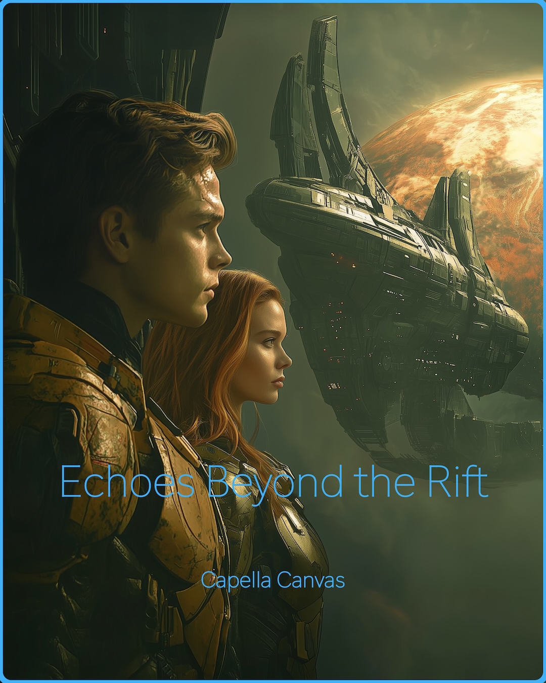 A dramatic science fiction book cover for Echoes Beyond the Rift. Two space explorers—a rugged male commander with tousled brown hair and a determined expression, and a fierce yet composed red-haired female scientist—stand side by side in worn, battle-scarred armor. Their gazes are locked on the distant horizon, facing an uncertain fate. Behind them looms a massive, decayed alien space station orbiting a dying planet, its structure fractured and ominous, glowing faintly with eerie orange light. The scene is shrouded in greenish mist, evoking a sense of mystery, isolation, and the remnants of a long-forgotten civilization.