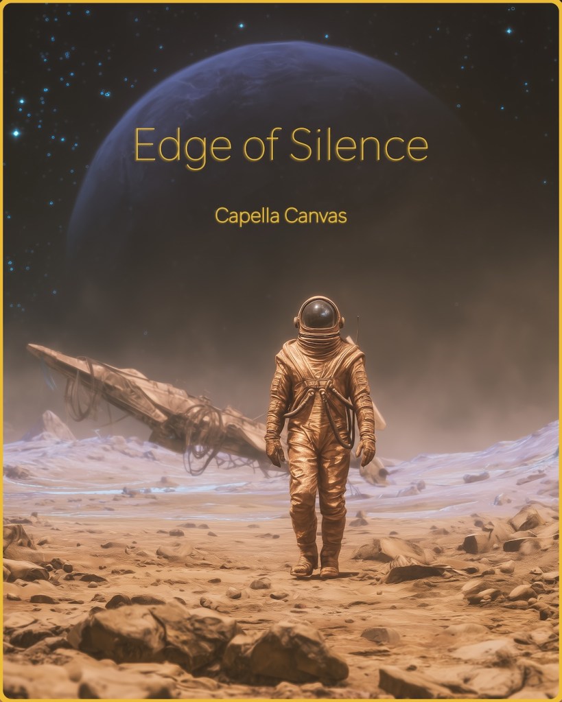 A lone astronaut in a golden pressurized suit strides across a dusty, rock‑strewn lunar landscape. Behind him lies the twisted, half‑buried wreckage of his crashed spacecraft. Above, a massive, deep‑blue planet dominates the dark, star‑filled sky. The scene conveys isolation, dwindling oxygen, and the stark struggle for survival on an alien world.