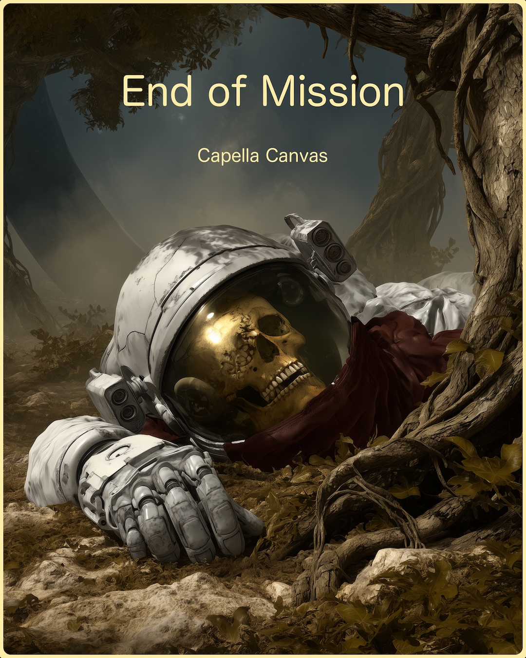 A moss-green alien woodland where the lifeless body of an astronaut lies half-buried in tangled roots. His cracked white helmet visor reveals a bleached skull, and one gauntleted hand reaches outward across the fallen leaves. In the misty background, the curve of a gigantic ring-shaped structure looms against a twilight sky.